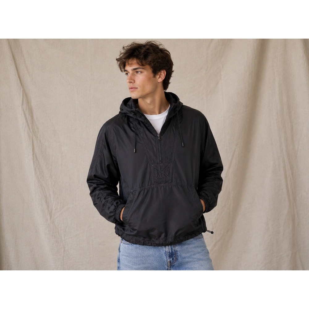 J.Crew Oarsman Mens Black Nylon Half Zip Anorak Pullover Jacket Stowaway Hood M